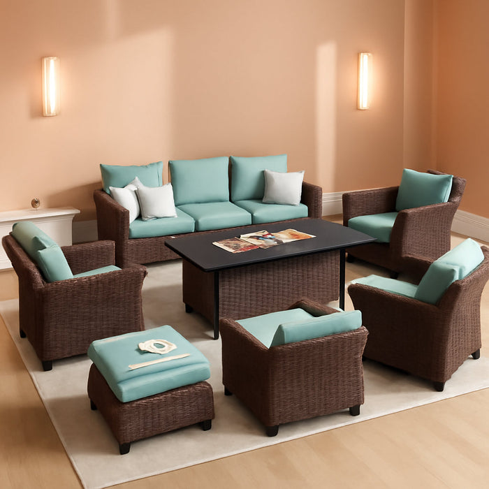 Patio Furniture Set Outdoor Furniture Brown Wicker Rattan Patio Conversation Sets with Cushion outside Sofa Set,7 Pieces with Rectangular Firepit Table,9 Seats,Blue