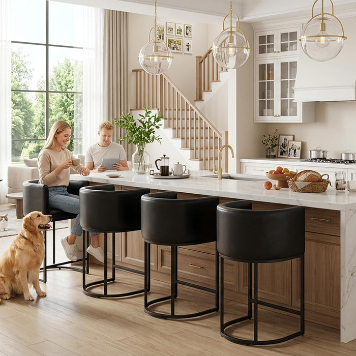 Black Modern Barrel Counter Height Clearance Bar Stools Set of 3, 24 Inch PU Leather Kitchen Barstools with Back for Island, with Black Metal Tubular Frame