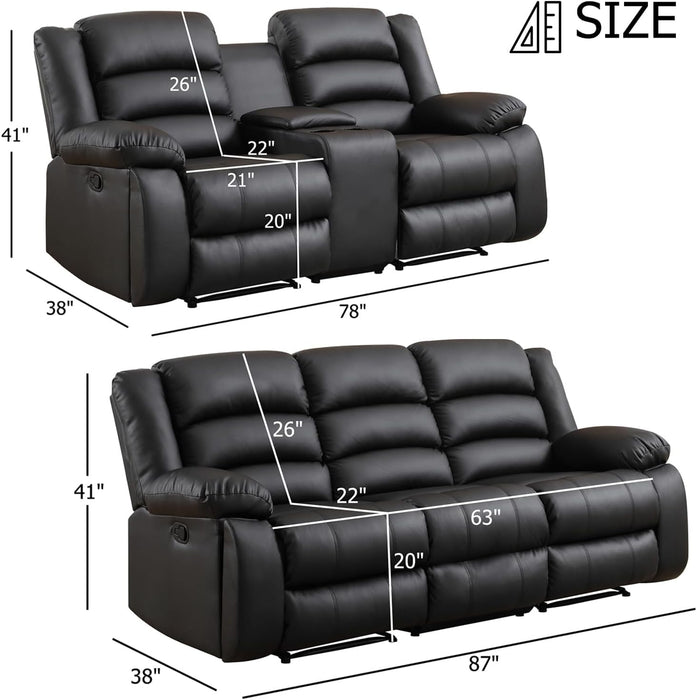 Faux Leather Manual Recliner Sofa Set, Loveseat Reclining Sofa and 3 Seat Recliner Sofa, Couch Set for Living Room, Bedroom, Meeting Room, Black(Loveseat+Sofa)