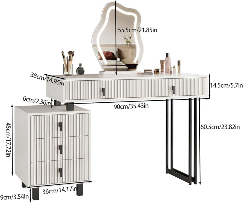 Vanity Desk with Mirror and Lights| Small Makeup Vanity Set with Adjustable Cabinet & 5 Drawers Storage| Modern Dressing Table for Small Spaces & Bedroom(White and Black)