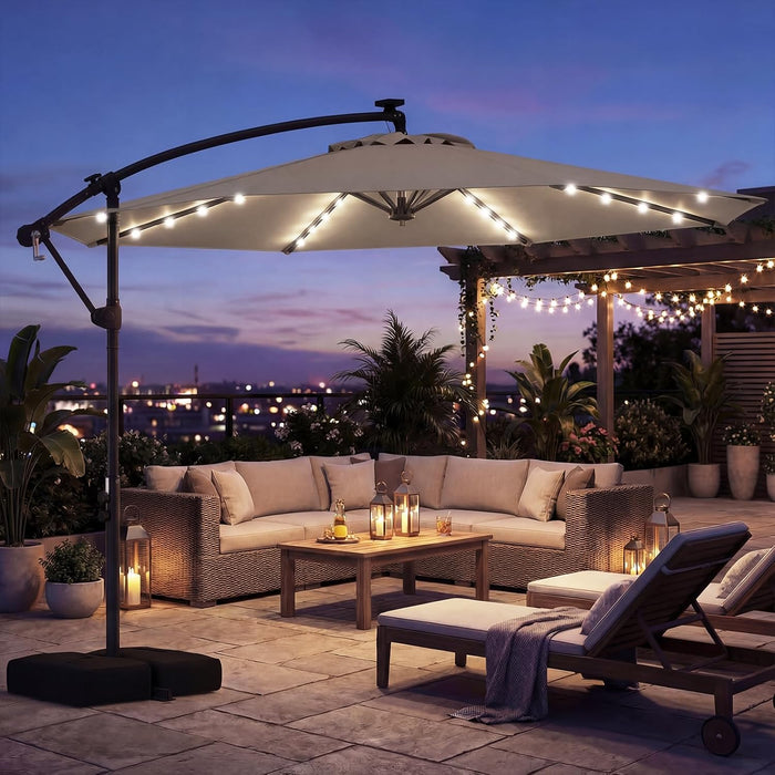10Ft Solar Patio Umbrella with Base Included, Offset Cantilever Outdoor Umbrella with 32 LED Lights, 360 Degree Rotation, Crank Handle for Pool Deck Garden Backyard (Tan)
