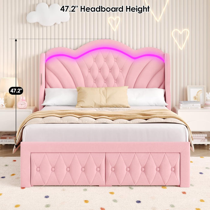 Full Bed Frame with LED Lights and 2 Storage Drawers, Velvet Upholstered Platform with 47" Tall Arc-Shaped Wingback Headboard and Button Tufted Design, No Box Spring Needed, Noise-Free, Pink