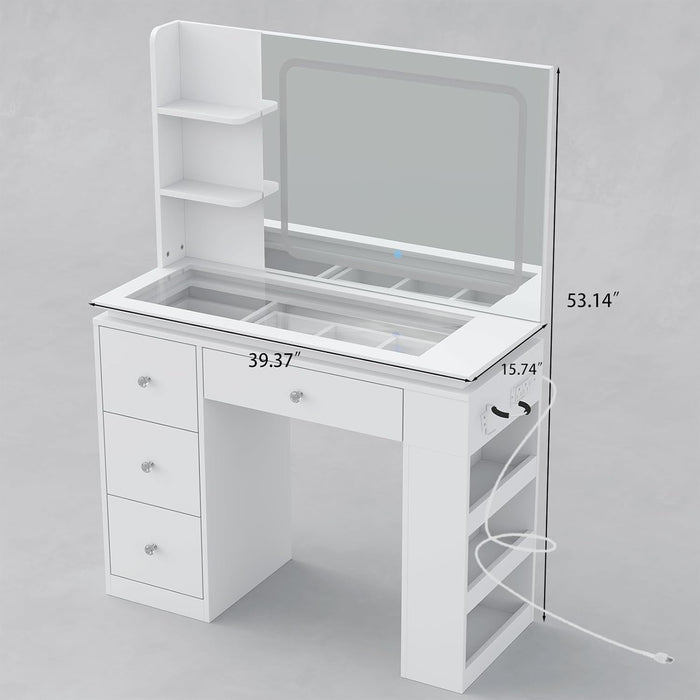 White Vanity Desk with Illuminated Mirror & Power Outlet, Bedroom Dresser LED Mirror Stepless Dimmable & 3 Color Modes Adjustable RGB Drawers, for Women Girls Bedroom, Pure White
