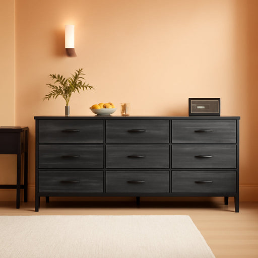 9 Drawer Dresser, 55 Inch Dresser TV Stand for 55, 60 Inch TV, Entertainment Center with Drawers, Large Storage Fabric Dresser for Bedroom, Closet, Charcoal Black Wood Grain Print