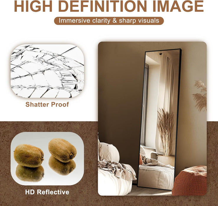 Wall Full Length Mirror,Standing Mirror Full Body,Large Floor for Wall Door Bedroom Bathroom Living Room with Aluminium Frame(With Stand,56X15-Black)