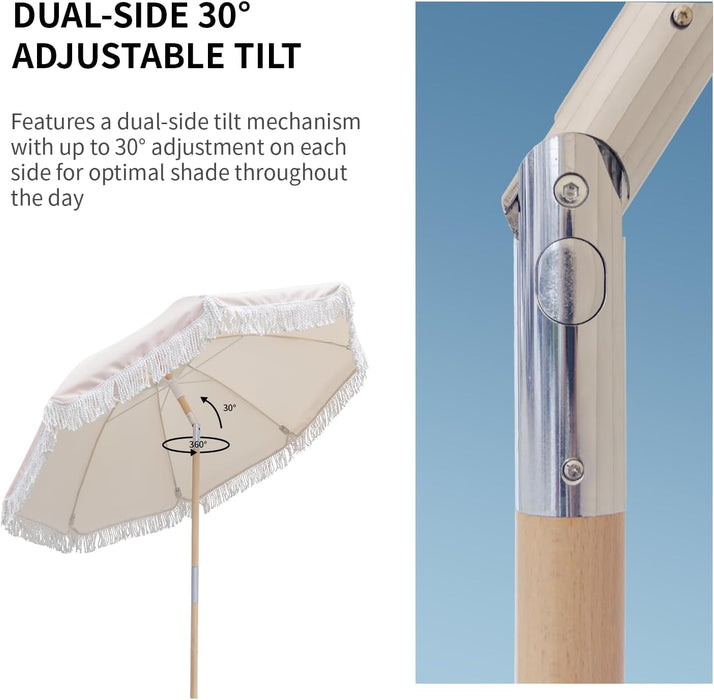 Boho Patio Umbrella, 6FT Beach Umbrella with Fringe, Wooden Pole