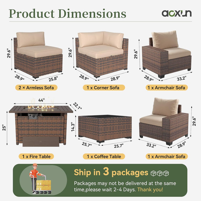 7 Piece Patio Furniture Set with Wide Armrests & 44” Fire Pit Table Wicker Rattan Outdoor Sectional Sofa Set with Coffee Table and Thickened Cushions, Brown/Beige(Waterproof Cover Included)