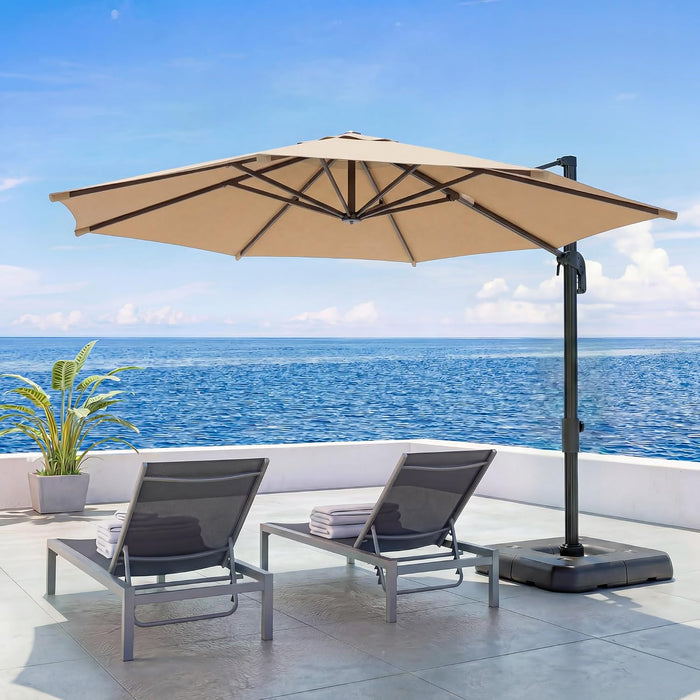 10FT Cantilever Patio Umbrella, 360° Rotation Offset Outdoor Umbrella with Aluminum Frame, Square Umbrella with Tilt for Backyard, Pool, Deck, Garden(Round Khaki)