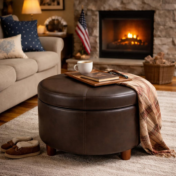 round Leatherette Storage Ottoman with Lid, Chocolate Brown Large