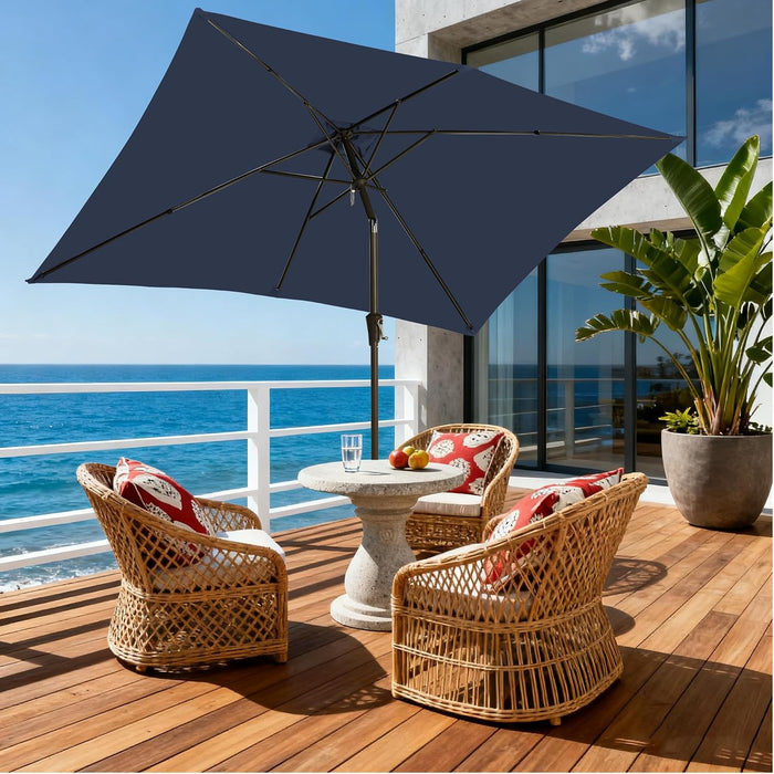 6.5 Rectangular Patio Umbrella Outdoor Deck Umbrella Rectangle Navy | 6 Ribs Frame Rush-Button Tilt Easy Crank. UPF50+ Waterproof Canopy. Works with Outdoor Table, Backyard, Pool.
