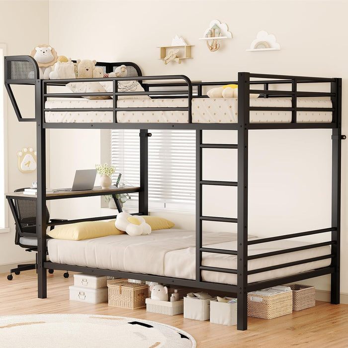 Bunk Bed Twin over Twin, Metal Bunk Beds with Desk & Power Outlet, Heavy-Duty Twin Bunk Beds with Storage Rack, Bunkbeds Frame with Safety Guardrail & Ladders for Juniors, No Box Spring Needed, Black