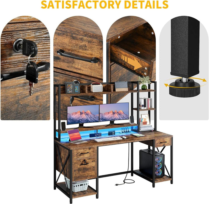 Computer Desk with Drawers & Hutch, 59.1" Office Desk with Power Outlets & LED Lights, Home Office Desk with Storage Shelves, Rustic Brown
