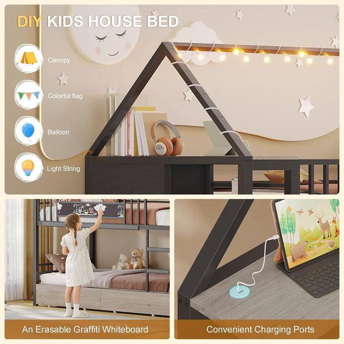 Bunk Bed Twin over Twin with Storage Drawers and Globe String Lights House Shaped Low Bunk Bed with Montessori Bookshelf Metal Bunk Beds for Kids with Ladder and Guardrail,Space Saving, Black