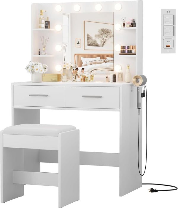 Makeup Vanity Desk with Mirror and Lights Power Outlet, Vanity Table Makeup Desk 2 Drawers, 6 Storage Shelves Hairdryer Holder & Bench Dressing Table for Bedroom (White, with Bench)