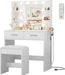 Makeup Vanity Desk with Mirror and Lights Power Outlet, Vanity Table Makeup Desk 2 Drawers, 6 Storage Shelves Hairdryer Holder & Bench Dressing Table for Bedroom (White, with Bench)
