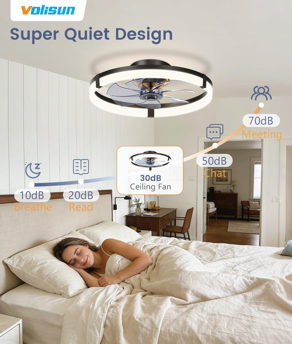 Low Profile Ceiling Fans with Lights and Remote, 20In Flush Mount Ceiling Fans with Light, 3000K-6500K Dimmable Fandelier Ceiling Fan, Black Bladeless Ceiling Fan for Bedroom