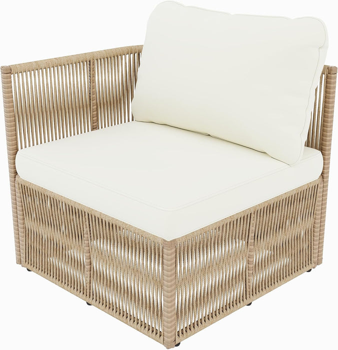 Outdoor Patio Furniture Set, PE Rattan Wicker Conversation Sofa Set with Iron Frame Cushions and Glass Top Coffee Table, Modular Backyard Balcony Seating Set, Dark Beige