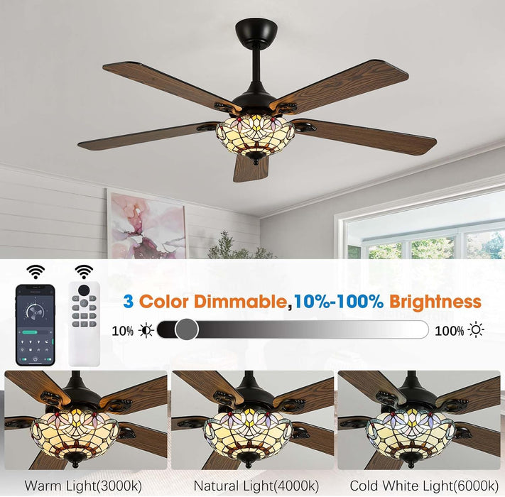 52" Tiffany Style Ceiling Fans with Lights, Red Dot, Black