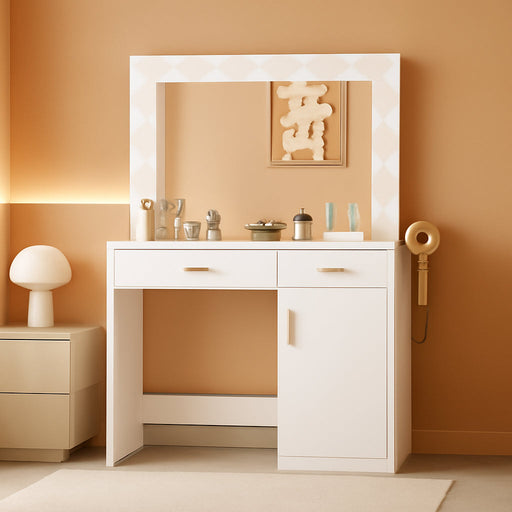 Vanity Desk with Mirror and LED Bulbs, Power Outlet Makeup Table with 2 Drawer and Storage Cabinet, 3 Adjustable Lighting, Modern Ample Storage Dressing Table for Bedroom, White