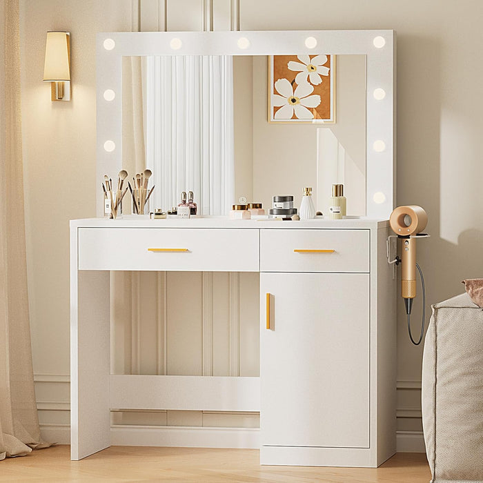 Vanity Desk with Mirror and LED Bulbs, Power Outlet Makeup Table with 2 Drawer and Storage Cabinet, 3 Adjustable Lighting, Modern Ample Storage Dressing Table for Bedroom, White