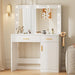 Vanity Desk with Mirror and LED Bulbs, Power Outlet Makeup Table with 2 Drawer and Storage Cabinet, 3 Adjustable Lighting, Modern Ample Storage Dressing Table for Bedroom, White