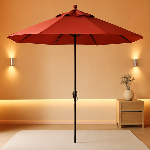 Octagonal 9 Ft Patio Umbrella - Outdoor Furniture Table Umbrella – Push-Button Tilt – Bronze Aluminum Frame (Obravia, Auburn)
