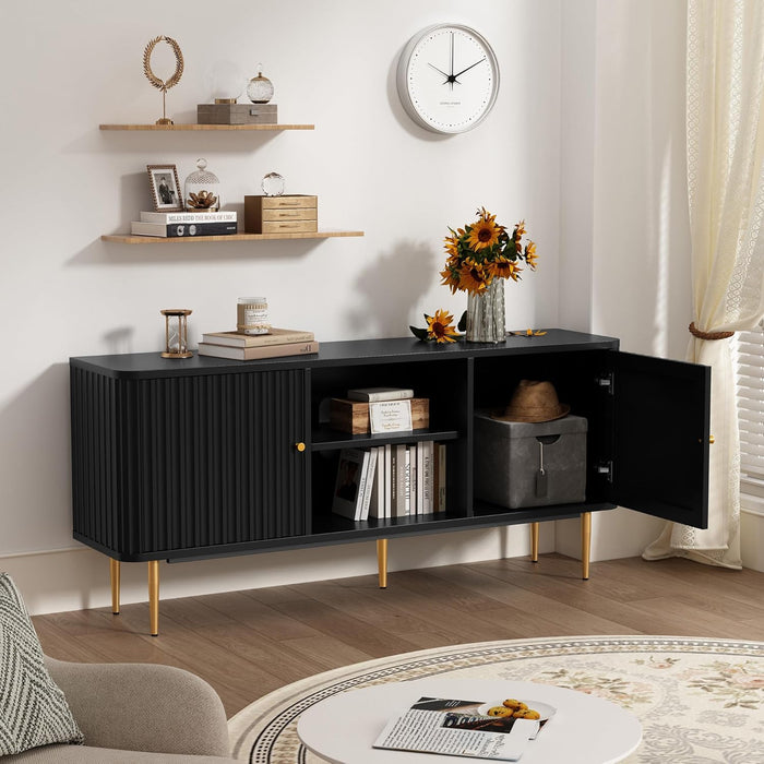 55” Fluted TV Stand, Mid Century Modern Black TV Stand for 55/60/65 Inch TV, Entertainment Center with Storage, Television Stands, TV Console, Media Console for Living Room, Bedroom (Black)