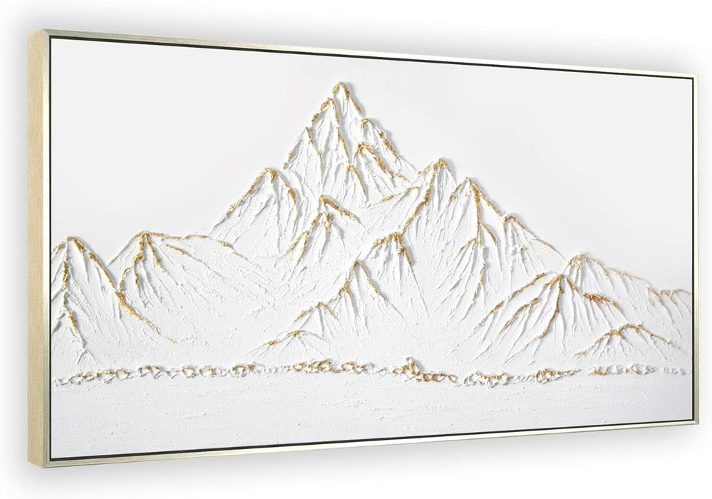 White and Gold Framed Paintings Textured Wall Art - 3D Mountain 100% Hand Painted Canvas Home Decor 48X24 Large Horizontal Contemporary Artwork Decoration for Living Room Bedroom