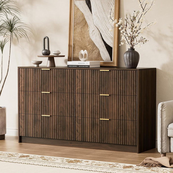 Walnut Dresser for Bedroom, Modern Dresser with 6 Drawers and Smooth Slides, Wide Chest of Drawers with Golden Handles for Bedroom, Living Room, Closet, 15.7" D X 55.1" W X 31.4" H