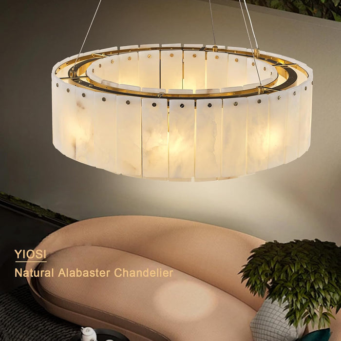 D23In Alabaster round Chandelier, Modern Marble Dining Room Chandeliers, 2 Tiers Brass Drum Pendant Light Fixtures, Gold Ceiling Light Chandelier for Living Room, Bedroom Lights, Foyer, Kitchen