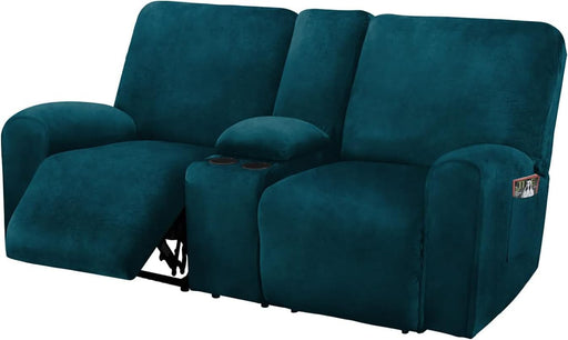 Ultimate Decor Reclining Love Seat with Middle Console Slipcover, 8-Piece Velvet Stretch Loveseat Reclining Sofa Covers, 2 Seat Love Seat Recliner Cover, Thick, Soft, Washable, (Deep Teal)