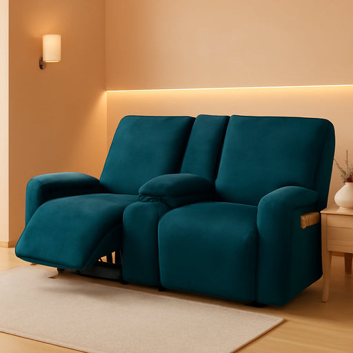 Ultimate Decor Reclining Love Seat with Middle Console Slipcover, 8-Piece Velvet Stretch Loveseat Reclining Sofa Covers, 2 Seat Love Seat Recliner Cover, Thick, Soft, Washable, (Deep Teal)