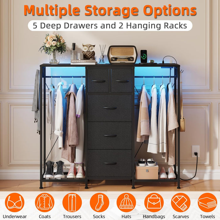 49.2In Wide Dresser With Hanging Racks LEDLighting