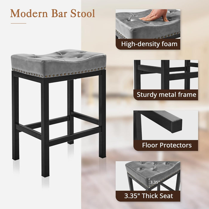 Bar Stools Set of 2, 24 Inch Saddle Backless Faux Leather Counter Height Stools with Black Metal Legs, Dark Gray
