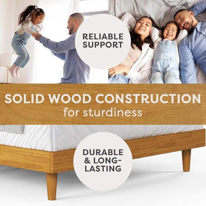 Queen Size Solid Wood Bed Frame with Wingback Headboard, Walnut Brown Finish, Platform Bed Frame, No Box Spring Required