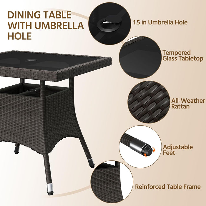 5-Piece Patio Furniture Set, Outdoor Rattan 4 Dining Chairs & Tempered Glass Table with Umbrella Hole, for Garden Backyard Deck Balcony, Brown/Beige