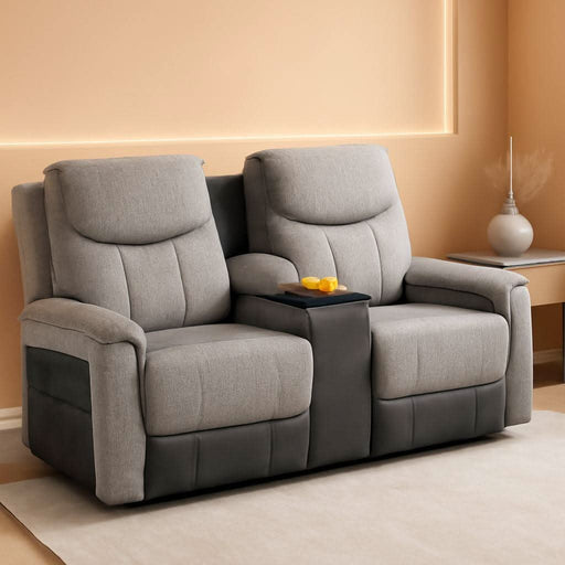 Recliner Sofa, 2 - Way Multi - Function Manual 3 Seater Couch with Cup Holders, Storage & USB Ports, Modern Multifunctional Sofa, Grey Linen & Leather Reclining Couch for Living Room