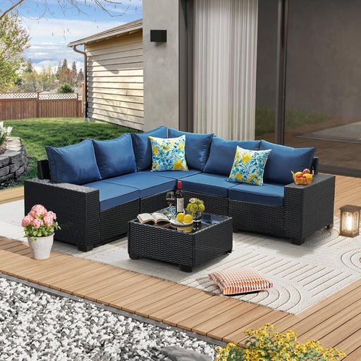 6 Pieces Patio Furniture Set All-Weather Outdoor Wicker Sectional Conversation Sofa Rattan Patio Seating Sofa with Cushion and Glass Table for Porch Poolside,Navy