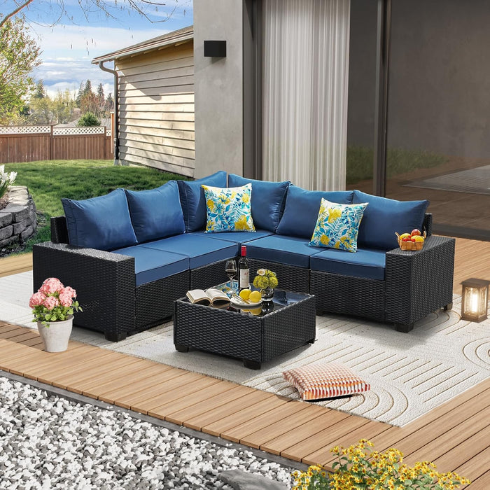 6 Pieces Patio Furniture Set All-Weather Outdoor Wicker Sectional Conversation Sofa Rattan Patio Seating Sofa with Cushion and Glass Table for Porch Poolside,Navy