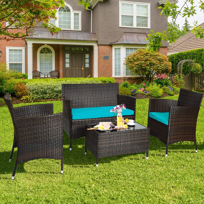 8 Pieces Patio Rattan Conversation Set with Tempered Glass Coffee Table & Thick Cushion, Wicker Set for Garden, Lawn, Poolside and Backyard