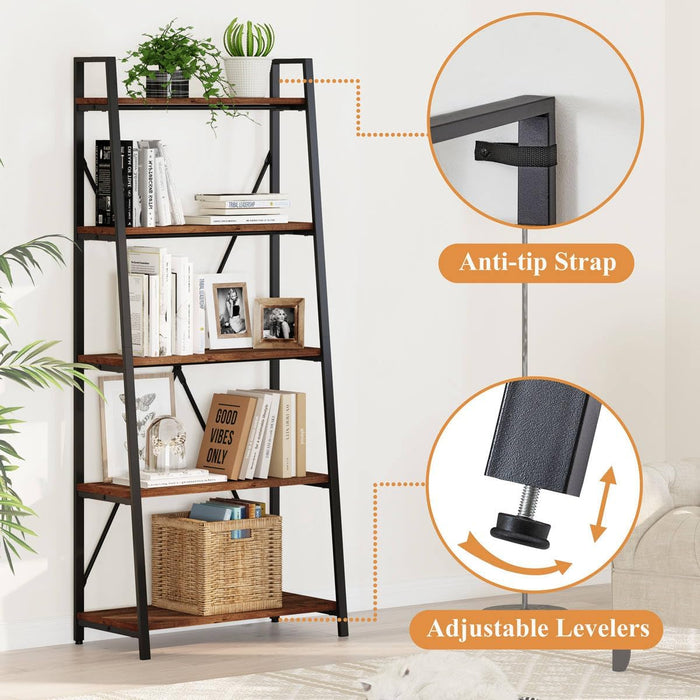 Ladder Shelf Bookcase, 5-Tier Industrial Ladder Bookshelf, Tall Living Room Shelves, Wood and Metal Leaning Shelf for Home Office, Kitchen, Bedroom, Balcony (Rustic Oak)