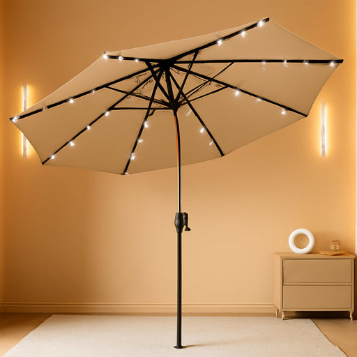 9' round Patio Umbrella with 32 Solar Powered LED Lights, Push-Button Tilt and Hand Crank Lift, Solar Umbrella in Taupe for Porch, Deck, and Patio by