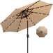 9' round Patio Umbrella with 32 Solar Powered LED Lights, Push-Button Tilt and Hand Crank Lift, Solar Umbrella in Taupe for Porch, Deck, and Patio by