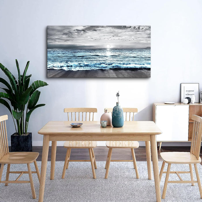 Black and White Beach Wall Painting - Canvas Wall Art for Living Room & Bedroom - Large Decor - Blue Ocean Sea Wave Landscape Pictures Artwork Posters Home Decor