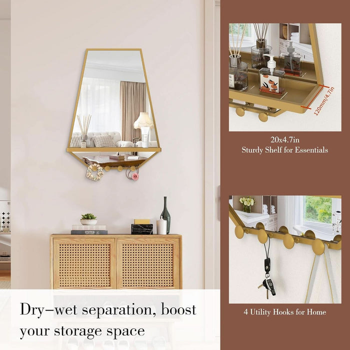 26X20 Inch Bathroom Mirror with Shelf, Irregular Hexagonal Metal Wall Mirrors with Hooks, Bathroom Vanity Mirror Farmhouse, Wall Mounted Mirror Decor for Living Room Bedroom Entryway (Gold)