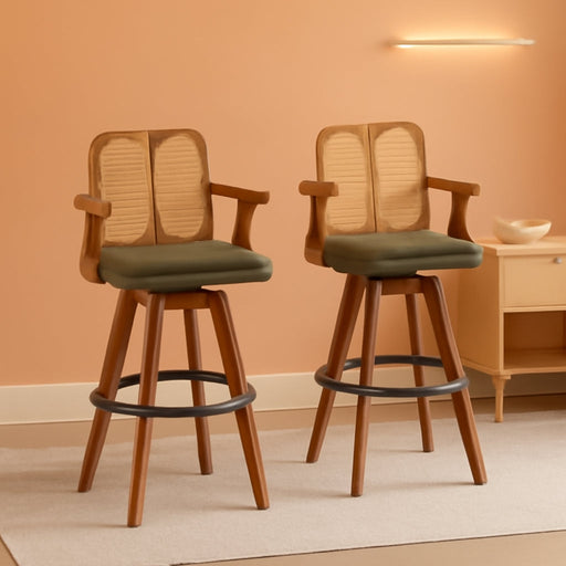 Mid Century Bar Stools, Rattan Swivel Bar Stools with Walnut Finish | Walnut Bentwood Frame, Rattan Back, Upholstered Seat, Curved Arms, Bamboo Legs, Kitchen Barstools for Bar, Pub, Island, Cafe