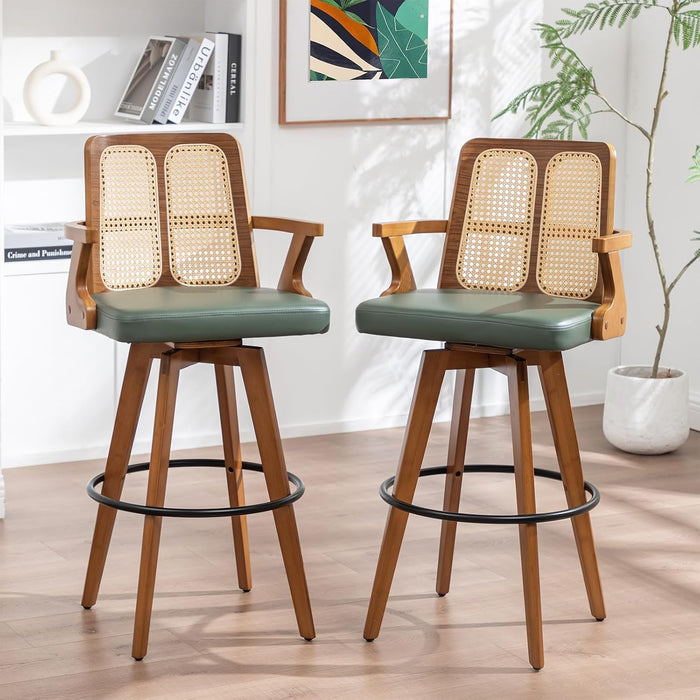 Mid Century Bar Stools, Rattan Swivel Bar Stools with Walnut Finish | Walnut Bentwood Frame, Rattan Back, Upholstered Seat, Curved Arms, Bamboo Legs, Kitchen Barstools for Bar, Pub, Island, Cafe