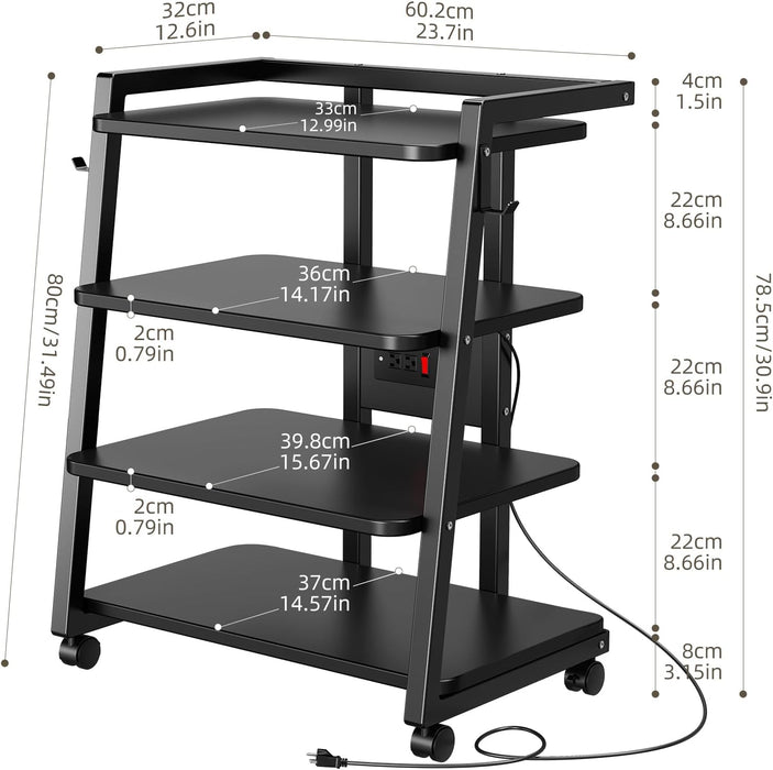 Mobile AV Media Stand with Outlets and 4 Rolling Caster Wheels, 4-Tier Rolling TV Stand for Gaming Console, Stereo, DVD Player, Sturdy Metal Frame, Versatile Living Room,Bedroom (Black)