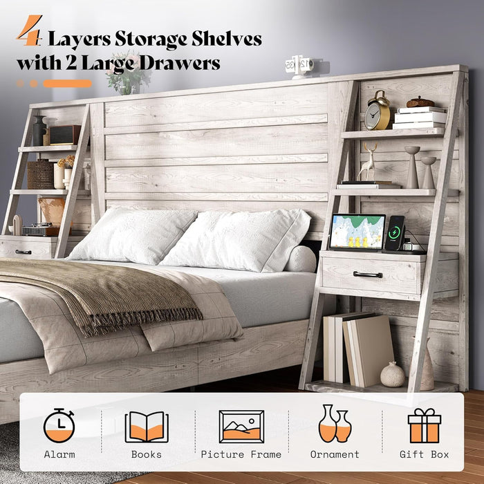 King Bed Frame with Bookcase Headboard & 4-Tier Bedside Shelf, Farmhouse Platform Bed with Charging Station and 2 Drawers, Noise-Free
