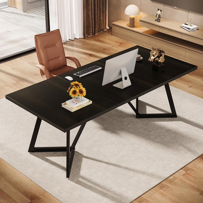 70.86-Inch Large Executive Desk, Modern Computer Office Desk Workstation with Metal Frame, Rectangular Laptop Desk Study Writing Table for Home Office (Black)